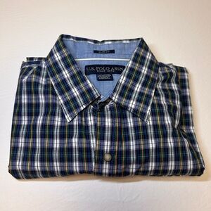 US Polo ASSN Green/Blue Plaid Long Sleeve Button Up Shirt Men’s Size M Slim Fit